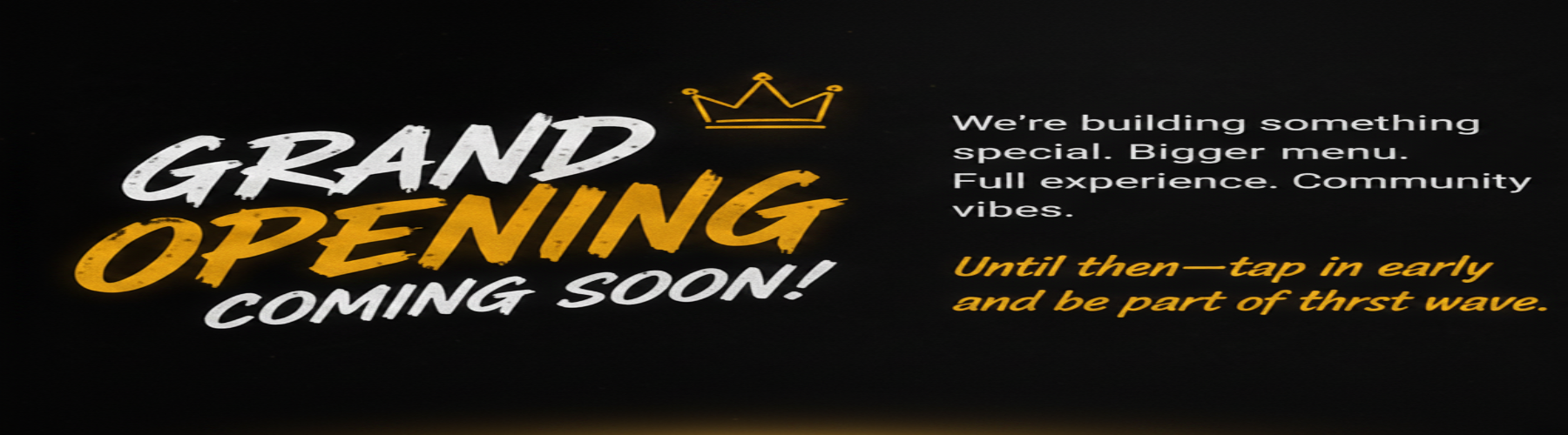 Promotional banner for a grand opening event with text and decorative elements.