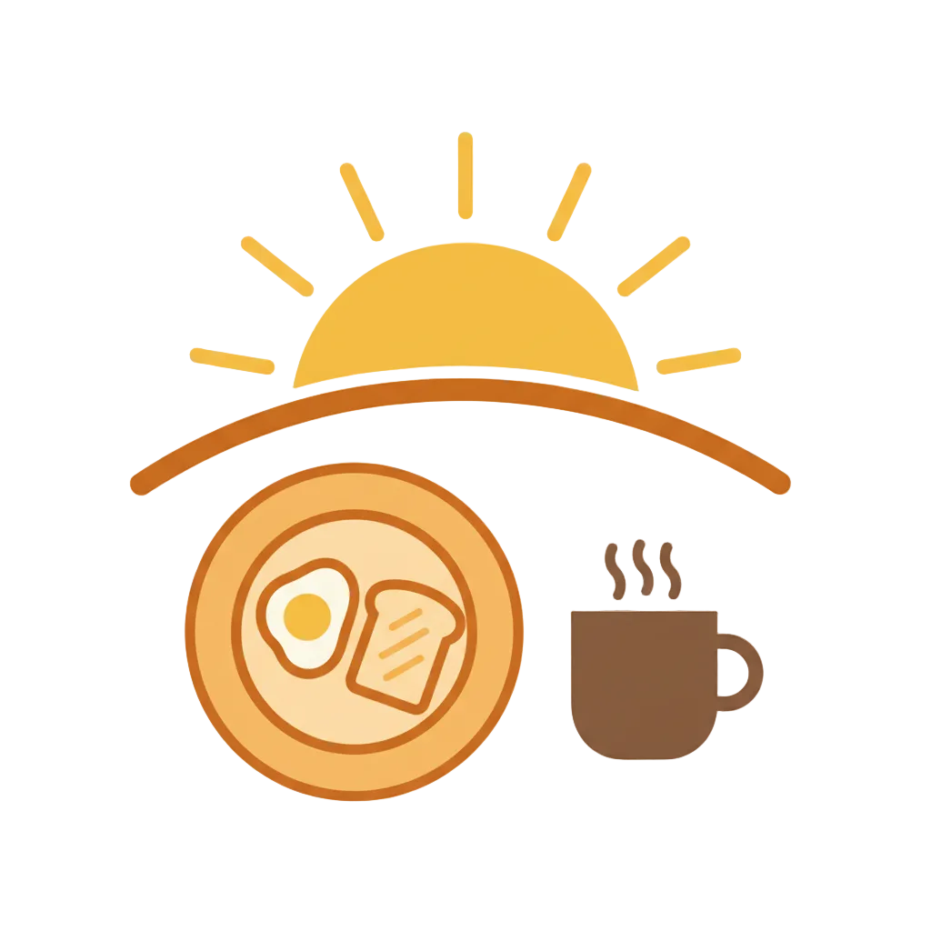 Illustration of a sunrise with a plate of toast and an egg, and a coffee cup on a transparent background.
