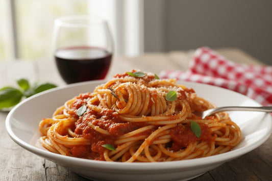 TheSpotKc Spaghetti with rich tomato sauce, topped with Parmesan cheese and fresh basil leaves. Served in a white bowl with a glass of red wine.